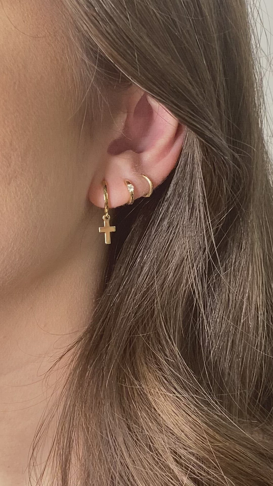 14K Hoop Earrings with Dangling Cross | Single or Pair